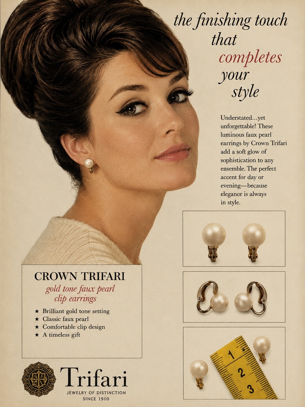 Vintage 1960’s Crown Trifari gold tone faux pearl clip earrings